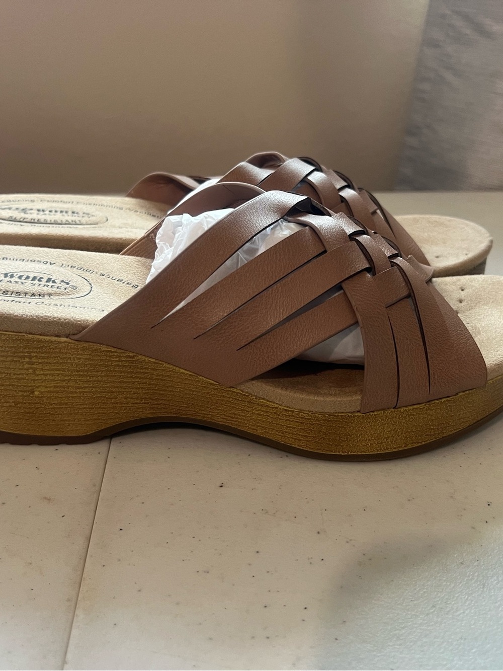 easy street Tan Woven Slide Wedge Mules